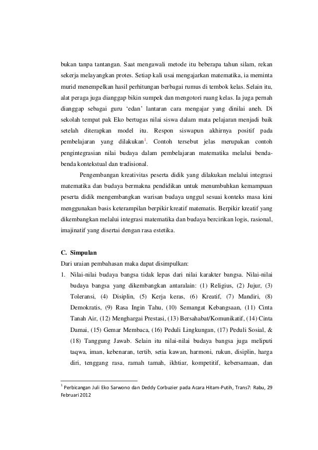 Integrasi nilai budaya pada pembelajaran matematika
