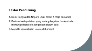 Faktor Pendukung
1. Demi Bangsa dan Negara (Ajak dalam 1 meja bersama)
2. Evaluasi setiap sistem yang sedang berjalan, bahkan kalau
memungkinkan stop pengadaan sistem baru.
3. Memiliki kesepakatan untuk pilot project.
 