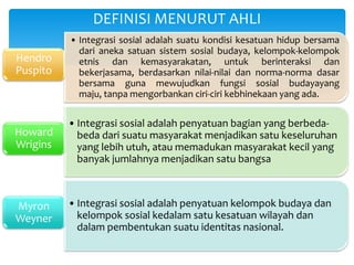 DEFINISI MENURUT AHLI
Hendro
Puspito

• Integrasi sosial adalah suatu kondisi kesatuan hidup bersama
dari aneka satuan sistem sosial budaya, kelompok-kelompok
etnis dan kemasyarakatan, untuk berinteraksi dan
bekerjasama, berdasarkan nilai-nilai dan norma-norma dasar
bersama guna mewujudkan fungsi sosial budayayang
maju, tanpa mengorbankan ciri-ciri kebhinekaan yang ada.

Howard
Wrigins

• Integrasi sosial adalah penyatuan bagian yang berbedabeda dari suatu masyarakat menjadikan satu keseluruhan
yang lebih utuh, atau memadukan masyarakat kecil yang
banyak jumlahnya menjadikan satu bangsa

Myron
Weyner

• Integrasi sosial adalah penyatuan kelompok budaya dan
kelompok sosial kedalam satu kesatuan wilayah dan
dalam pembentukan suatu identitas nasional.

 