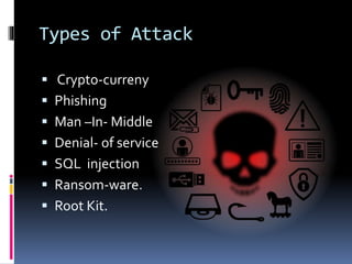 Types of Attack
 Crypto-curreny
 Phishing
 Man –In- Middle
 Denial- of service
 SQL injection
 Ransom-ware.
 Root Kit.
 