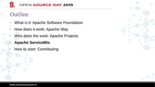 Outline
➢ What is it: Apache Software Foundation
➢ How does it work: Apache Way
➢ Who does the work: Apache Projects
➢ Apache ServiceMix
➢ How to start: Contributing
 