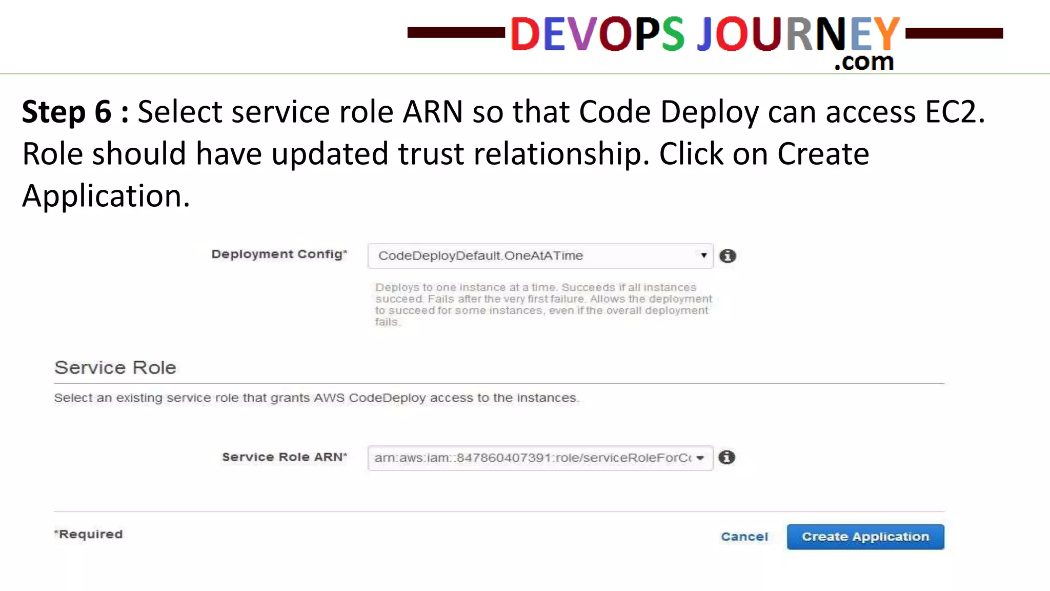 Step 6 : Select service role ARN so that Code Deploy can access EC2. Role should have updated trust relationship. Click on Create Application. 
