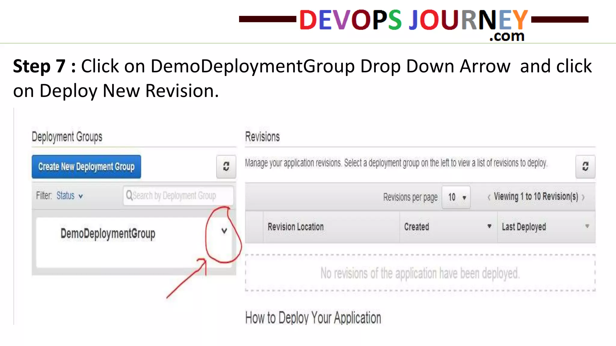 Step 7 : Click on DemoDeploymentGroup Drop Down Arrow and click on Deploy New Revision. 