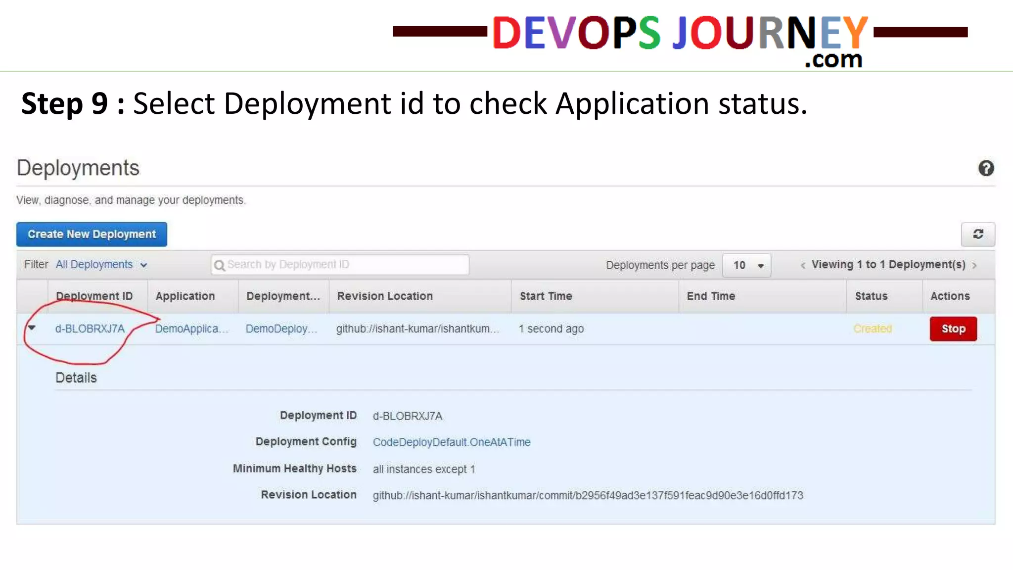 Step 9 : Select Deployment id to check Application status. 