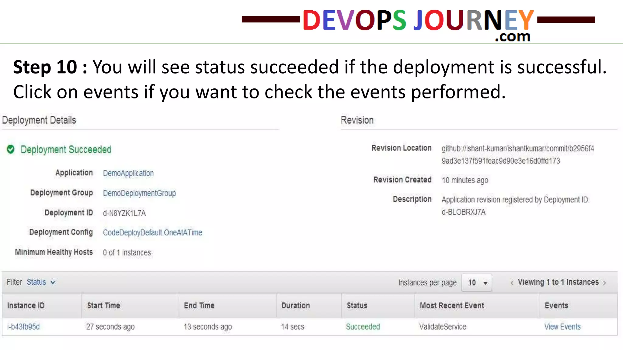 Step 10 : You will see status succeeded if the deployment is successful. Click on events if you want to check the events performed. 