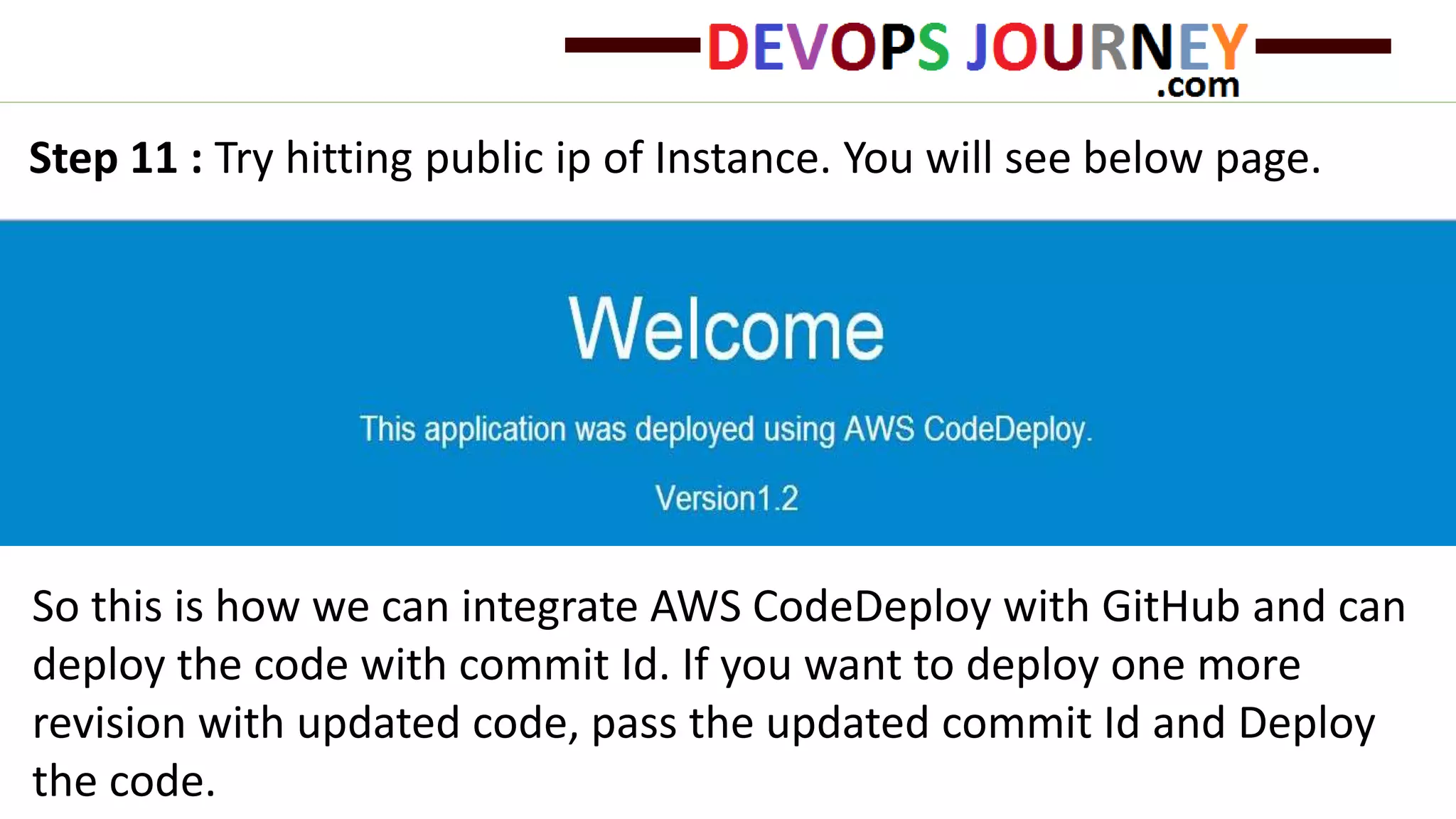Step 11 : Try hitting public ip of Instance. You will see below page. So this is how we can integrate AWS CodeDeploy with GitHub and can deploy the code with commit Id. If you want to deploy one more revision with updated code, pass the updated commit Id and Deploy the code. 