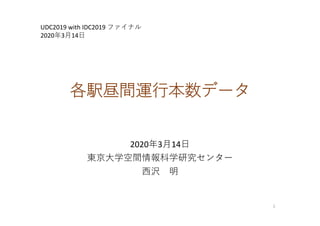各駅昼間運⾏本数データ
2020年3⽉14⽇
東京⼤学空間情報科学研究センター
⻄沢 明
1
UDC2019 with IDC2019 ファイナル
2020年3⽉14⽇
 
