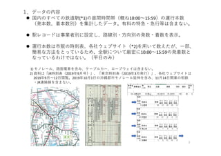 １．データの内容
 国内のすべての鉄道駅(*1)の昼間時間帯（概ね10:00〜15:59）の運⾏本数
（発本数、着本数別）を集計したデータ。有料の特急・急⾏等は含まない。
 駅レコードは事業者別に設定し、路線別・⽅向別の発数・着数を表⽰。
 運⾏本数は市販の時刻表、各社ウェブサイト（*2)を⽤いて数えたが、⼀部、
簡易な⽅法をとっているため、全駅について厳密に10:00〜15:59の発着数と
なっているわけではない。（平⽇のみ）
1) モノレール、路⾯電⾞を含み、ケーブルカー、ロープウェイは含まない。
2) 資料は「JR時刻表（2019年9⽉号）」、「東京時刻表（2019年3⽉発⾏）」、各社ウェブサイトは
2019年9⽉〜12⽇閲覧。2019年10⽉1⽇の沖縄都市モノレール延伸を含み、11⽉14⽇開業の相鉄
・JR連絡線を含まない。
2
 