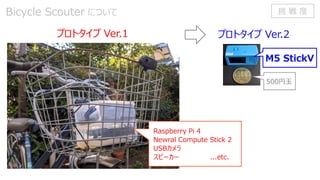Bicycle Scouter について
プロトタイプ Ver.1 プロトタイプ Ver.2
M5 StickV
500円玉
Raspberry Pi 4
Newral Compute Stick 2
USBカメラ
スピーカー ...etc.
挑 戦 度
 