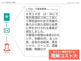 Page.12© 2020 Gaccom Inc.子ども犯罪防止の課題
警視庁
メール
✉Title：不審者情報<from: ○○@○○.jp>
< To:○○@○○.jp>
６月２４日 15：30ごろ
東京都港区三田二丁目に
て帰宅途中の女子児童が、
後ろから来た見知らぬ男
に声をかけられる事案が
発生しました。
不審者の特徴は身長165セ
ンチ、年齢40代、太った
男、白色の自転車、黒色
シャツ、ジーンズ、黒縁
眼鏡、無精ひげ
知りたい情報が来ても
理解コスト大
港区在住
 