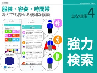 Page.22© 2020 Gaccom Inc.主な機能
主な機能4
強力
検索
服装・容姿・時間帯
などでも探せる便利な検索
検索条件
青いシャツ
 