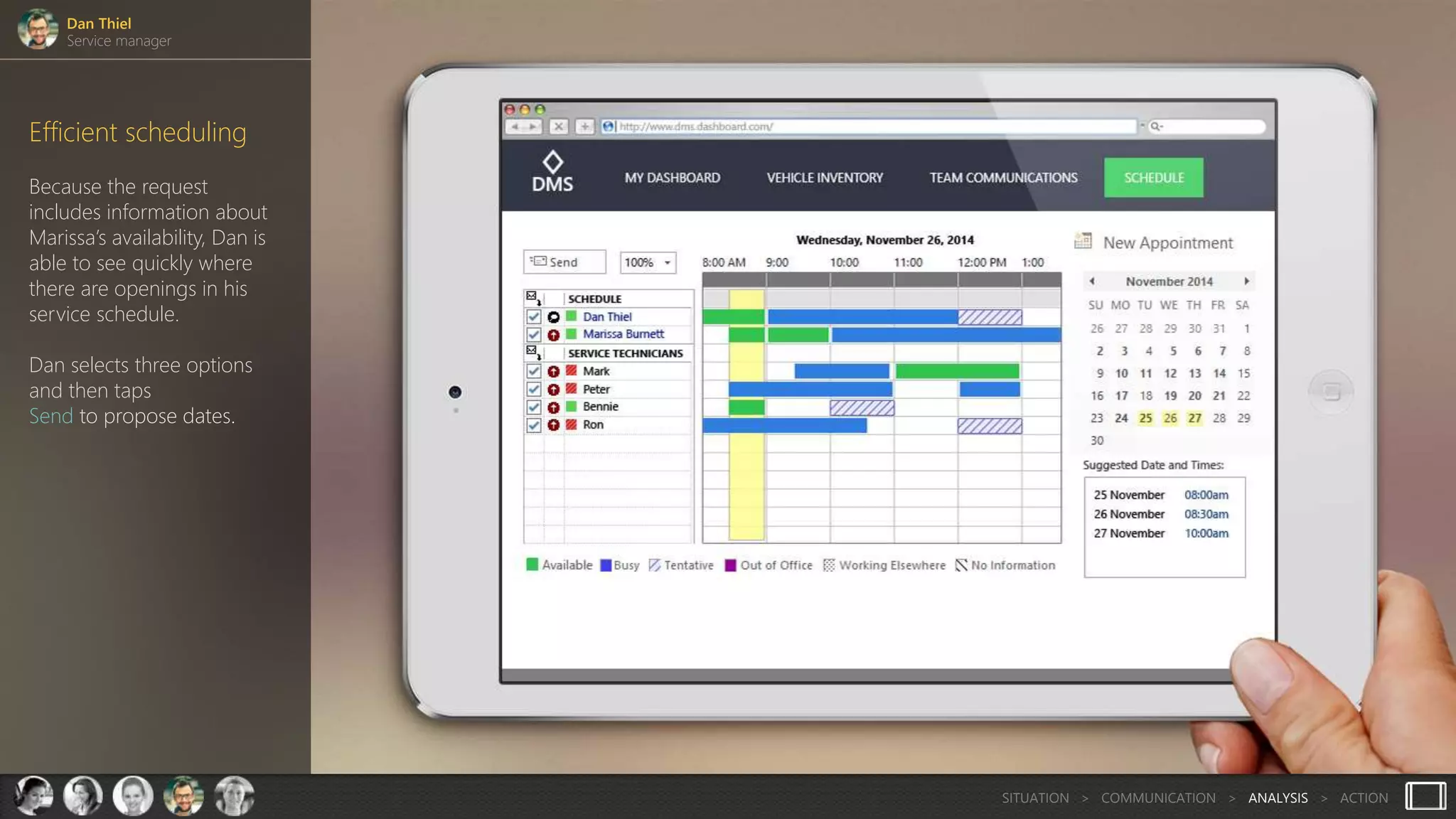 Dan Thiel
Service manager
SITUATION > COMMUNICATION > ANALYSIS > ACTION
Efficient scheduling
Because the request
includes information about
Marissa’s availability, Dan is
able to see quickly where
there are openings in his
service schedule.
Dan selects three options
and then taps
Send to propose dates.
 