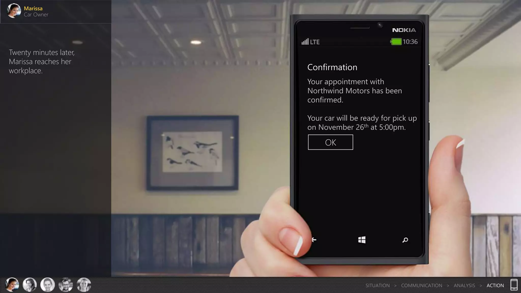 Twenty minutes later,
Marissa reaches her
workplace.
Marissa
Car Owner
Confirmation
Your appointment with
Northwind Motors has been
confirmed.
Your car will be ready for pick up
on November 26th at 5:00pm.
OK
SITUATION > COMMUNICATION > ANALYSIS > ACTION
 
