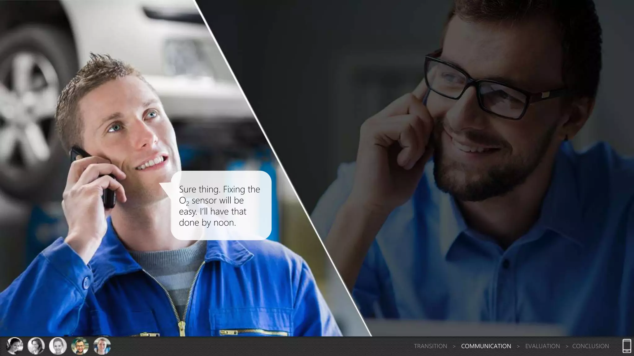 Sure thing. Fixing the
O2 sensor will be
easy. I’ll have that
done by noon.
TRANSITION > COMMUNICATION > EVALUATION > CONCLUSION
 