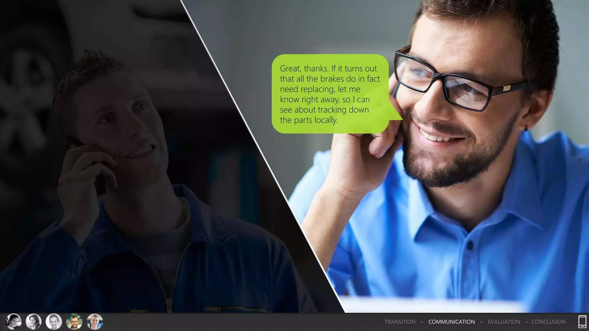 Great, thanks. If it turns out
that all the brakes do in fact
need replacing, let me
know right away, so I can
see about tracking down
the parts locally.
TRANSITION > COMMUNICATION > EVALUATION > CONCLUSION
 