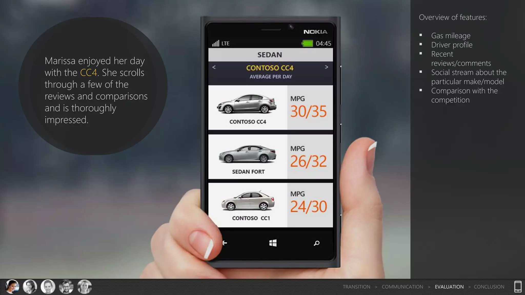 Overview of features:
 Gas mileage
 Driver profile
 Recent
reviews/comments
 Social stream about the
particular make/model
 Comparison with the
competition
Marissa enjoyed her day
with the CC4. She scrolls
through a few of the
reviews and comparisons
and is thoroughly
impressed.
TRANSITION > COMMUNICATION > EVALUATION > CONCLUSION
 
