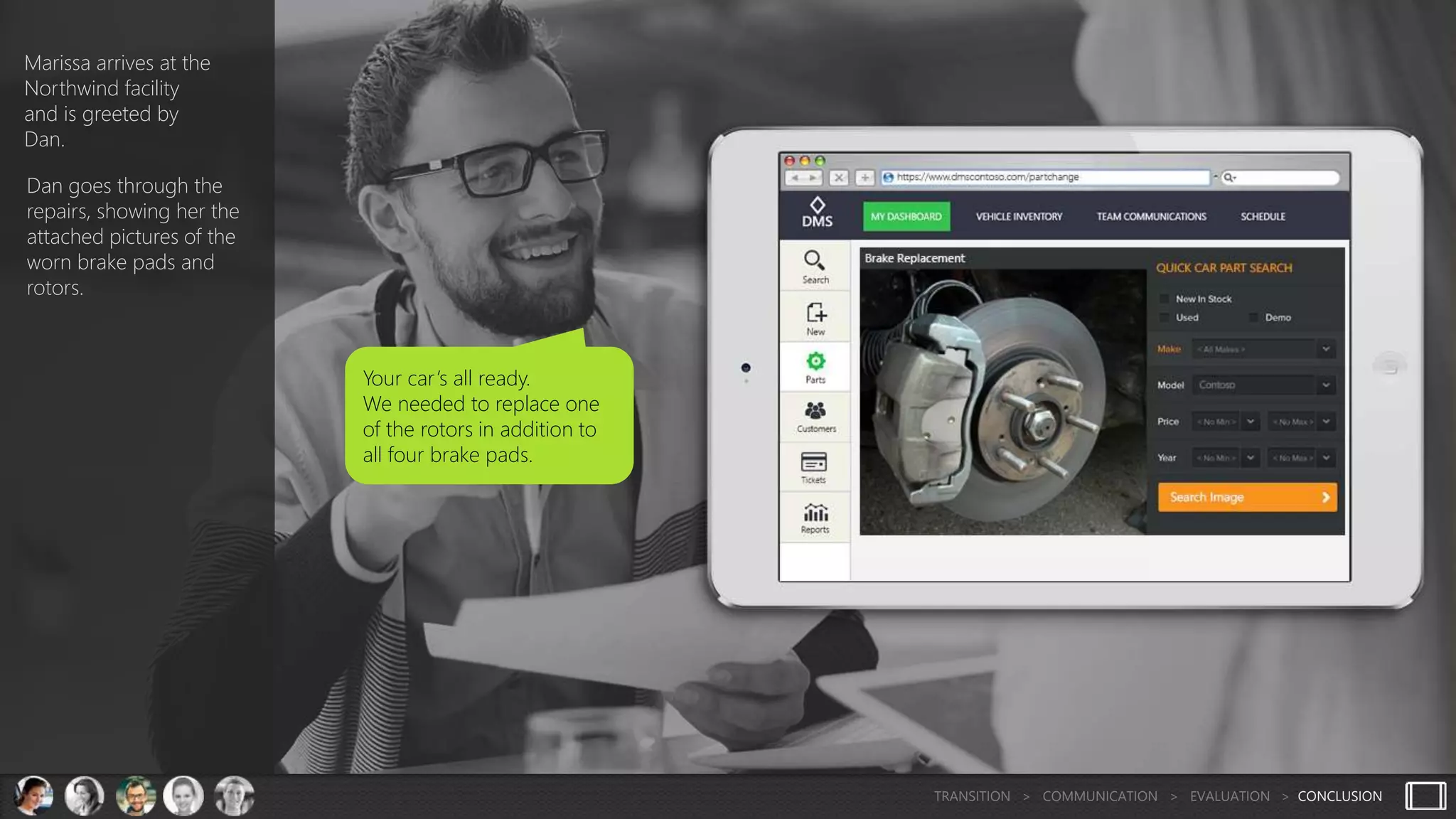 Your car’s all ready.
We needed to replace one
of the rotors in addition to
all four brake pads.
Marissa arrives at the
Northwind facility
and is greeted by
Dan.
Dan goes through the
repairs, showing her the
attached pictures of the
worn brake pads and
rotors.
TRANSITION > COMMUNICATION > EVALUATION > CONCLUSION
 