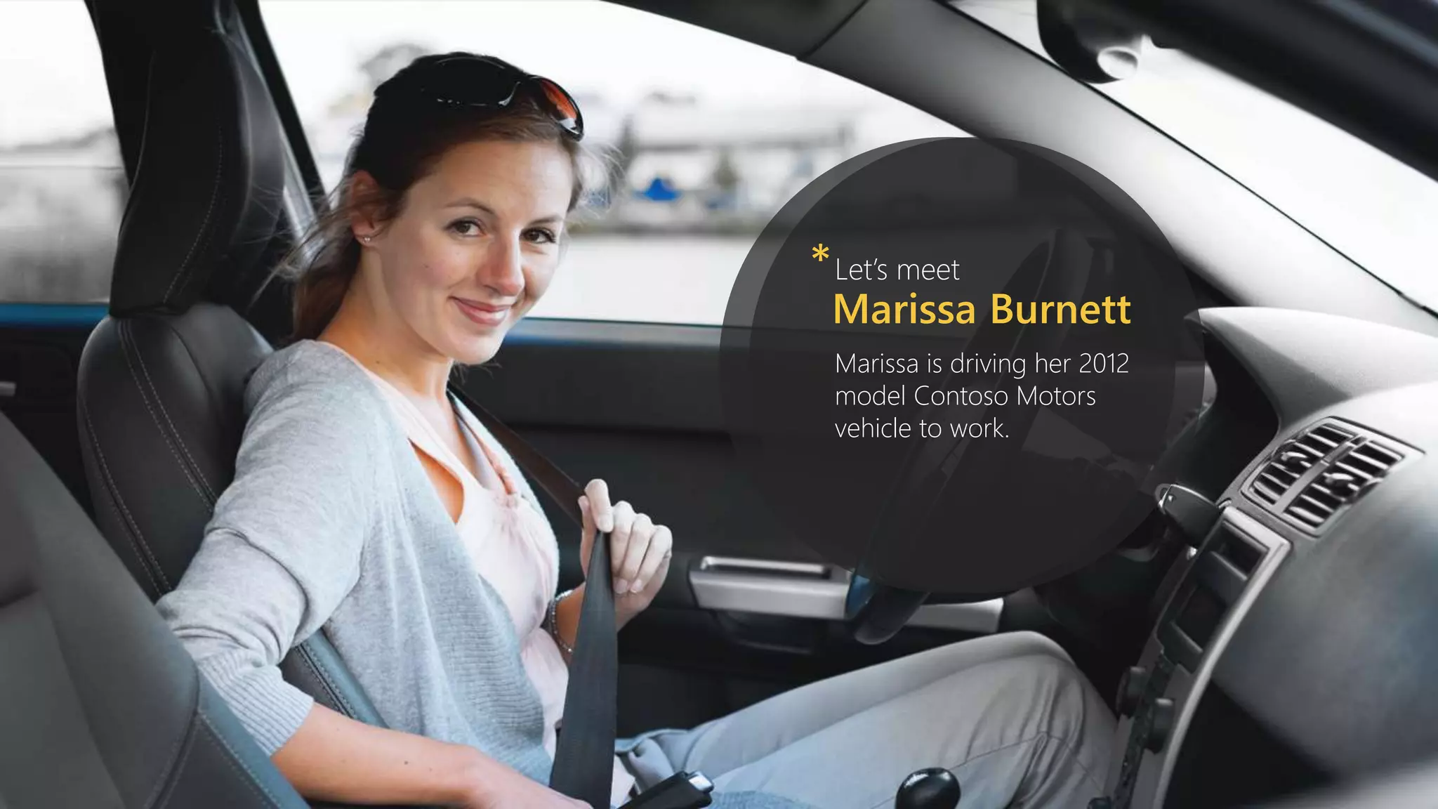 *
Marissa Burnett
Marissa is driving her 2012
model Contoso Motors
vehicle to work.
Let’s meet
 