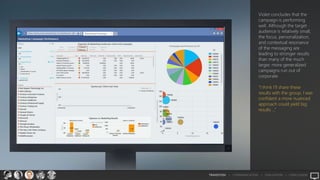Violet concludes that the
campaign is performing
well. Although the target
audience is relatively small,
the focus, personalization,
and contextual resonance
of the messaging are
leading to stronger results
than many of the much
larger, more generalized
campaigns run out of
corporate.
“I think I’ll share these
results with the group. I was
confident a more nuanced
approach could yield big
results …”
TRANSITION > COMMUNICATION > EVALUATION > CONCLUSION
 