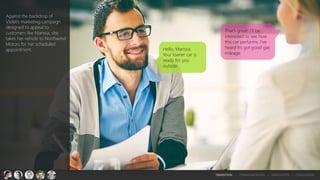 Hello, Marissa.
Your loaner car is
ready for you
outside.
That’s great! I’ll be
interested to see how
this car performs. I’ve
heard it’s got good gas
mileage.
Against the backdrop of
Violet’s marketing campaign
designed to appeal to
customers like Marissa, she
takes her vehicle to Northwind
Motors for her scheduled
appointment.
TRANSITION > COMMUNICATION > EVALUATION > CONCLUSION
 