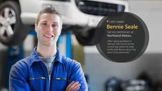 Let’s meet*
Bennie Seale
Service technician at
Northwind Motors.
After saying goodbye to
Marissa, Dan returns to the
service bay where he chats
briefly with Bennie about the
work to be performed.
 