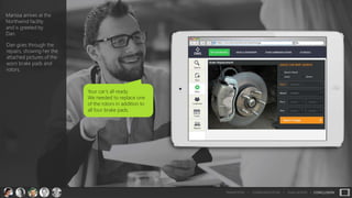 Your car’s all ready.
We needed to replace one
of the rotors in addition to
all four brake pads.
Marissa arrives at the
Northwind facility
and is greeted by
Dan.
Dan goes through the
repairs, showing her the
attached pictures of the
worn brake pads and
rotors.
TRANSITION > COMMUNICATION > EVALUATION > CONCLUSION
 