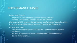 PERFORMANCE TASKS
• Dance and Process
• Emphasis on critical thinking, problem solving, abstract
thinking….addressing Common Core Anchor standard
• Clarity on WHAT process-based dance ‘performance’ tasks look like
for a residency addressing Common Core Anchor Standards
• Assessment tools
• Created in collaboration with the Educator – ‘Other Evidence’ might be
outside of
• Pre/Post Assessment on Dance Knowledge AND Content Knowledge
• Scored choreography….
 