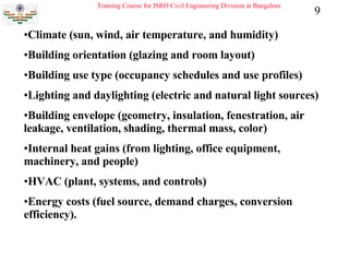 Climate (sun, wind, air temperature, and humidity)  Building orientation (glazing and room layout)  Building use type (occupancy schedules and use profiles)  Lighting and daylighting (electric and natural light sources)  Building envelope (geometry, insulation, fenestration, air leakage, ventilation, shading, thermal mass, color)  Internal heat gains (from lighting, office equipment, machinery, and people)  HVAC (plant, systems, and controls)  Energy costs (fuel source, demand charges, conversion efficiency).  