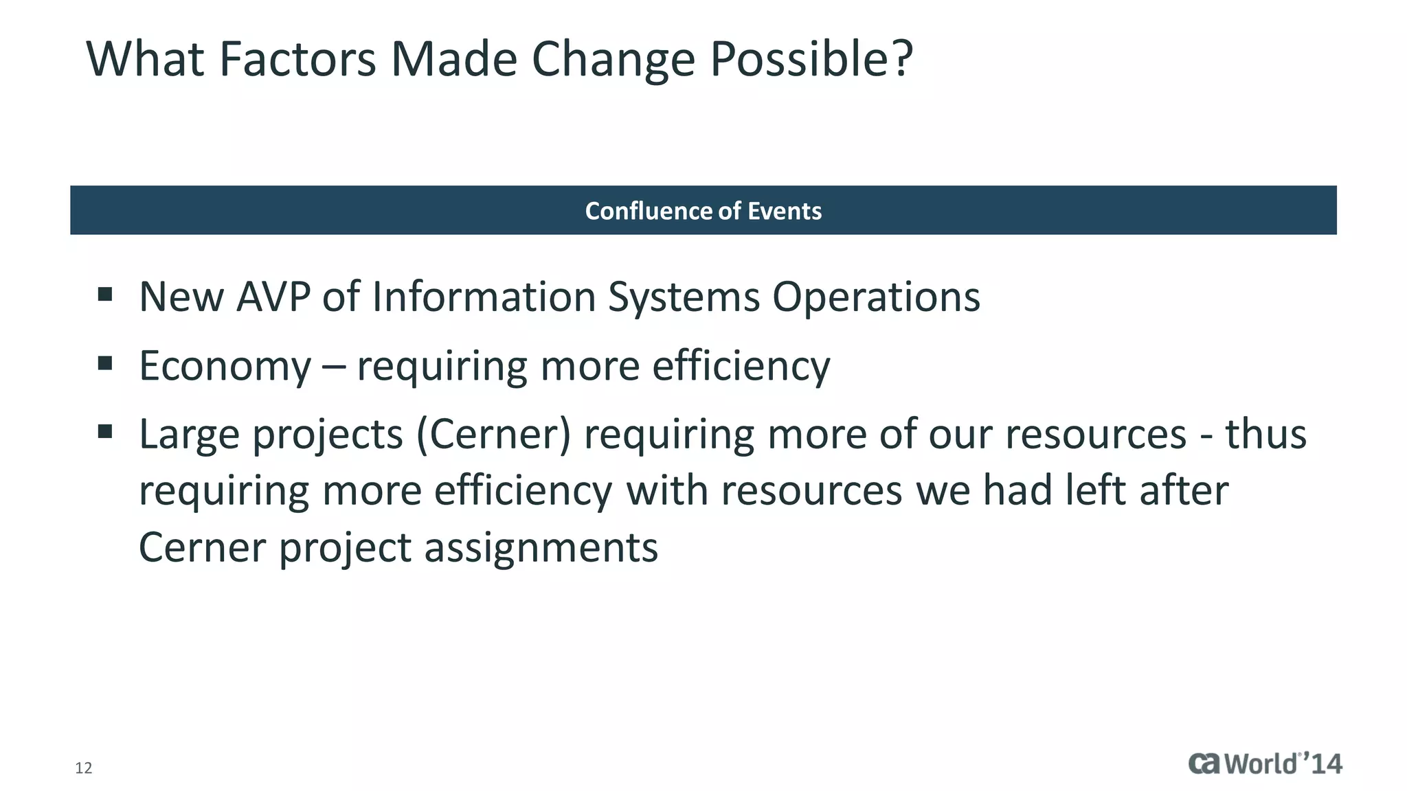 12 
What Factors Made Change Possible? 
New AVP of Information Systems Operations 
Economy – requiring more efficiency 
Large projects (Cerner) requiring more of our resources - thus requiring more efficiency with resources we had left after Cerner project assignments 
Confluence of Events  