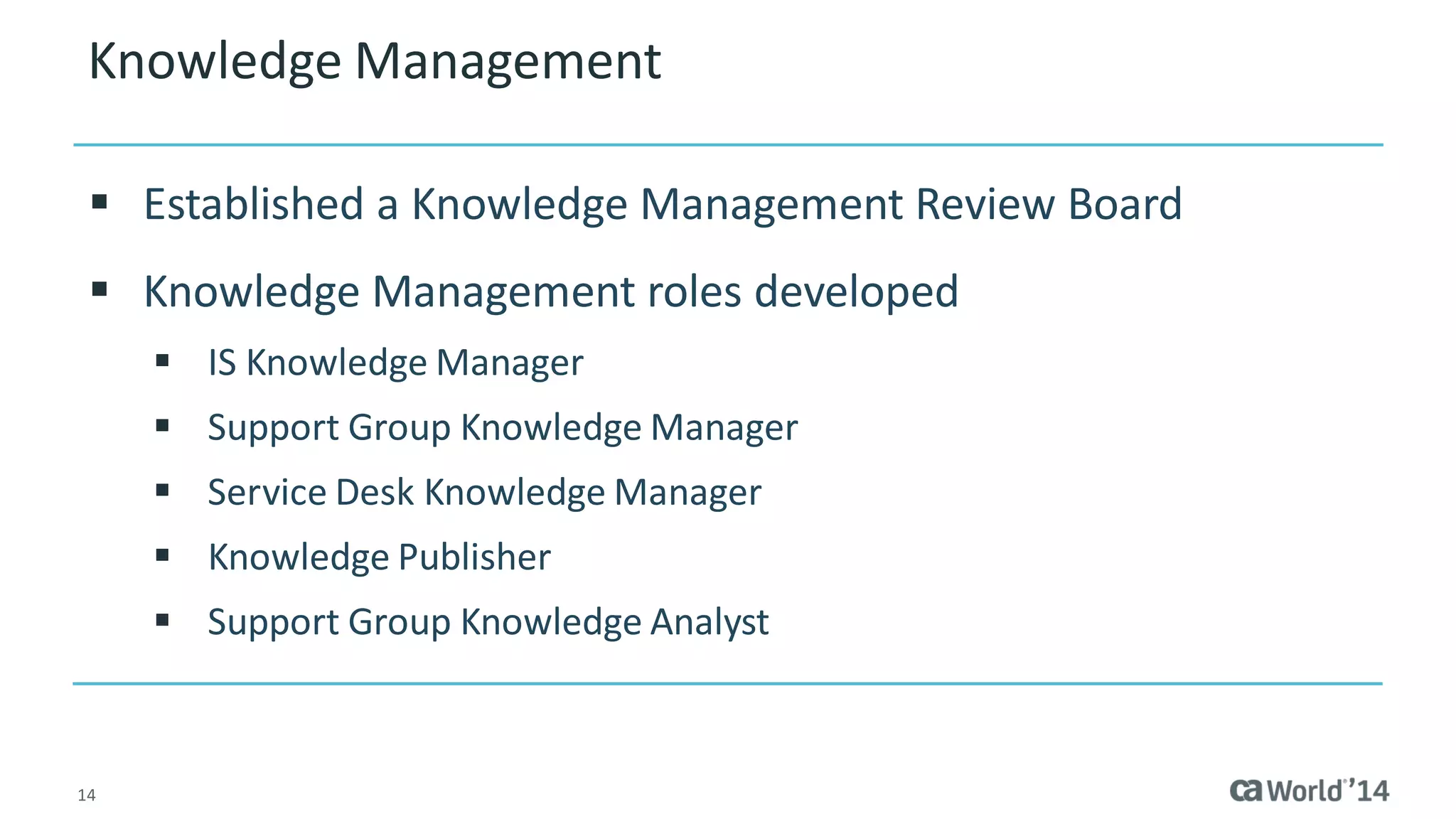 14 
Knowledge Management 
Established a Knowledge Management Review Board 
Knowledge Management roles developed 
IS Knowledge Manager 
Support Group Knowledge Manager 
Service Desk Knowledge Manager 
Knowledge Publisher 
Support Group Knowledge Analyst  