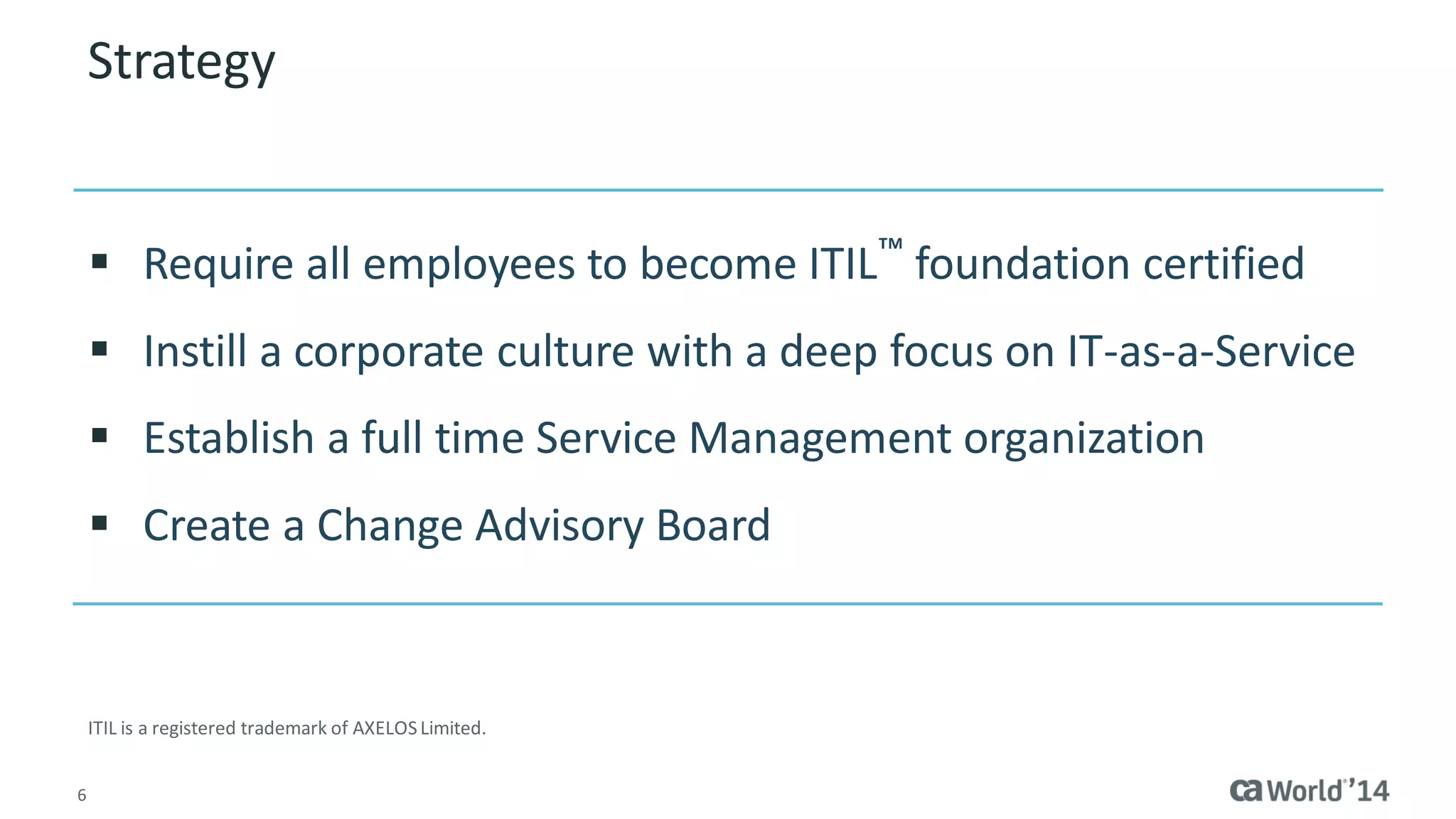 6 
Strategy 
ITIL is a registered trademark of AXELOS Limited. 
Require all employees to become ITIL™ foundation certified 
Instill a corporate culture with a deep focus on IT-as-a-Service 
Establish a full time Service Management organization 
Create a Change Advisory Board  
