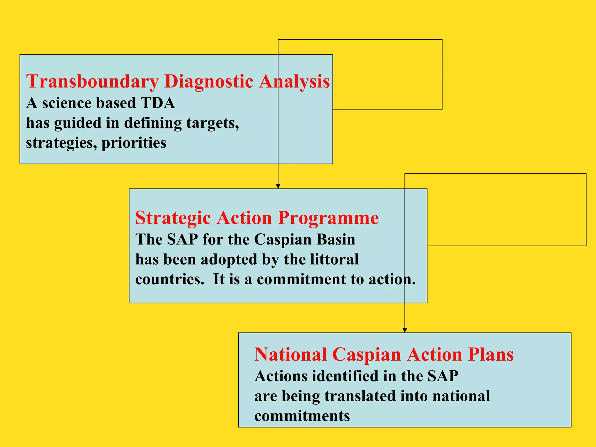 Transboundary Diagnostic Analysis 
A science based TDA 
has guided in defining targets, 
strategies, priorities 
Strategic Action Programme 
The SAP for the Caspian Basin 
has been adopted by the littoral 
countries. It is a commitment to action. 
National Caspian Action Plans 
Actions identified in the SAP 
are being translated into national 
commitments 
 