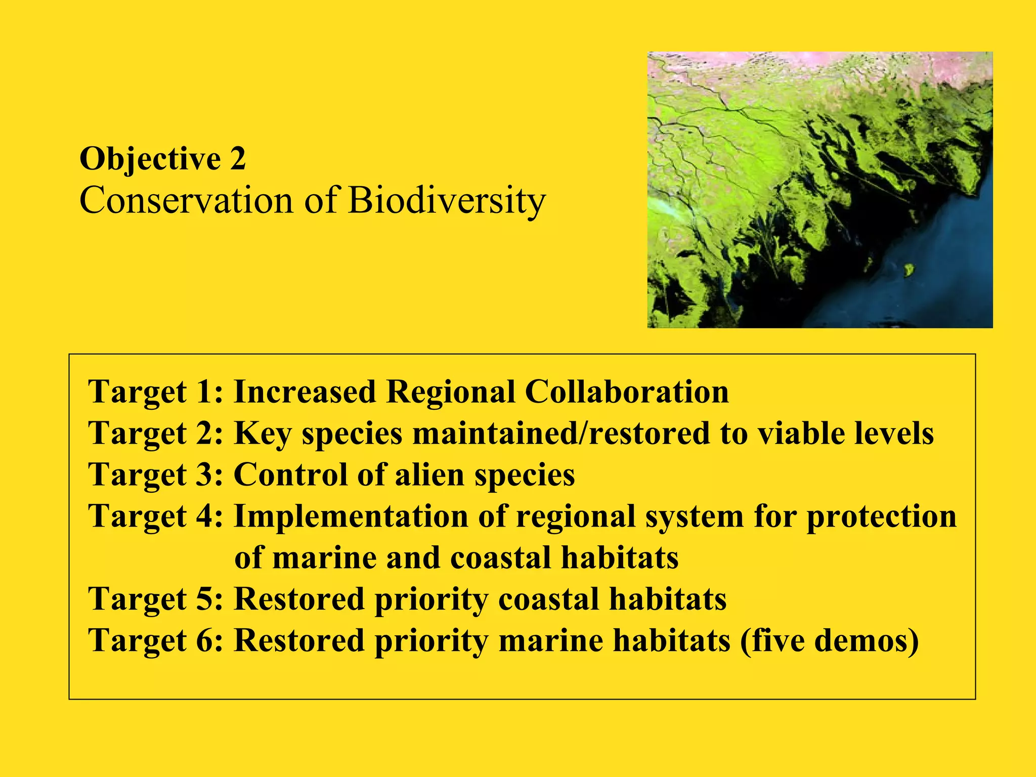 Objective 2 
Conservation of Biodiversity 
Target 1: Increased Regional Collaboration 
Target 2: Key species maintained/restored to viable levels 
Target 3: Control of alien species 
Target 4: Implementation of regional system for protection 
of marine and coastal habitats 
Target 5: Restored priority coastal habitats 
Target 6: Restored priority marine habitats (five demos) 
 