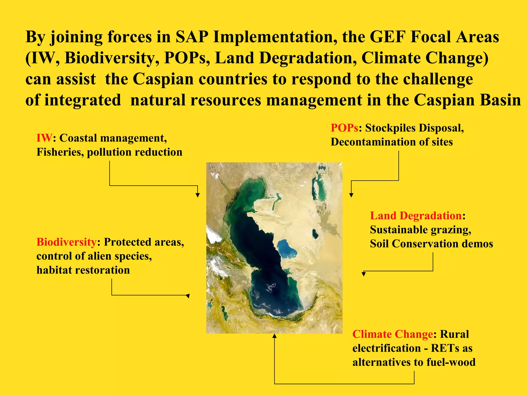 By joining forces in SAP Implementation, the GEF Focal Areas 
(IW, Biodiversity, POPs, Land Degradation, Climate Change) 
can assist the Caspian countries to respond to the challenge 
of integrated natural resources management in the Caspian Basin 
POPs: Stockpiles Disposal, 
IW: Coastal management, Decontamination of sites 
Fisheries, pollution reduction 
Biodiversity: Protected areas, 
control of alien species, 
habitat restoration 
Land Degradation: 
Sustainable grazing, 
Soil Conservation demos 
Climate Change: Rural 
electrification - RETs as 
alternatives to fuel-wood 
 