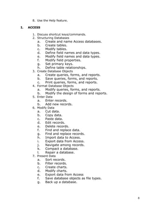 8. Use the Help feature.

I.   ACCESS

       1. Discuss shortcut keys/commands.
       2. Structuring Databases
          a.   Create and name Access databases.
          b.   Create tables.
          c.   Modify tables.
          d.   Define field names and data types.
          e.   Modify field names and data types.
          f.   Modify field properties.
          g.   Set primary keys.
          h.   Define table relationships.
       3. Create Database Objects
          a.   Create queries, forms, and reports.
          b.   Save queries, forms, and reports.
          c.   Print queries, forms, and reports.
       4. Format Database Objects
          a.   Modify queries, forms, and reports.
          b.   Modify the design of forms and reports.
       5. Enter Data
          a.   Enter records.
          b.   Add new records.
       6. Modify Data
          a.   Cut data.
          b.   Copy data.
          c.   Paste data.
          d.   Edit records.
          e.   Delete records.
          f.   Find and replace data.
          g.   Find and replace records.
          h.   Import data to Access.
          i.   Export data from Access.
          j.   Navigate among records.
          k.   Compact a database.
          l.   Repair a database.
       7. Present Data
          a.   Sort records.
          b.   Filter records.
          c.   Create charts.
          d.   Modify charts.
          e.   Export data from Access
          f.   Save database objects as file types.
          g.   Back up a database.




                                                         8
 