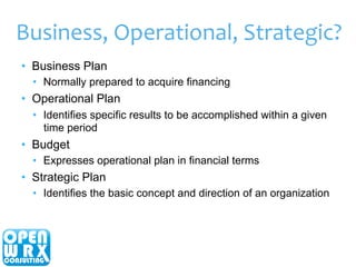 Business, 
Operational, 
Strategic? 
• Business Plan 
• Normally prepared to acquire financing 
• Operational Plan 
• Iden...