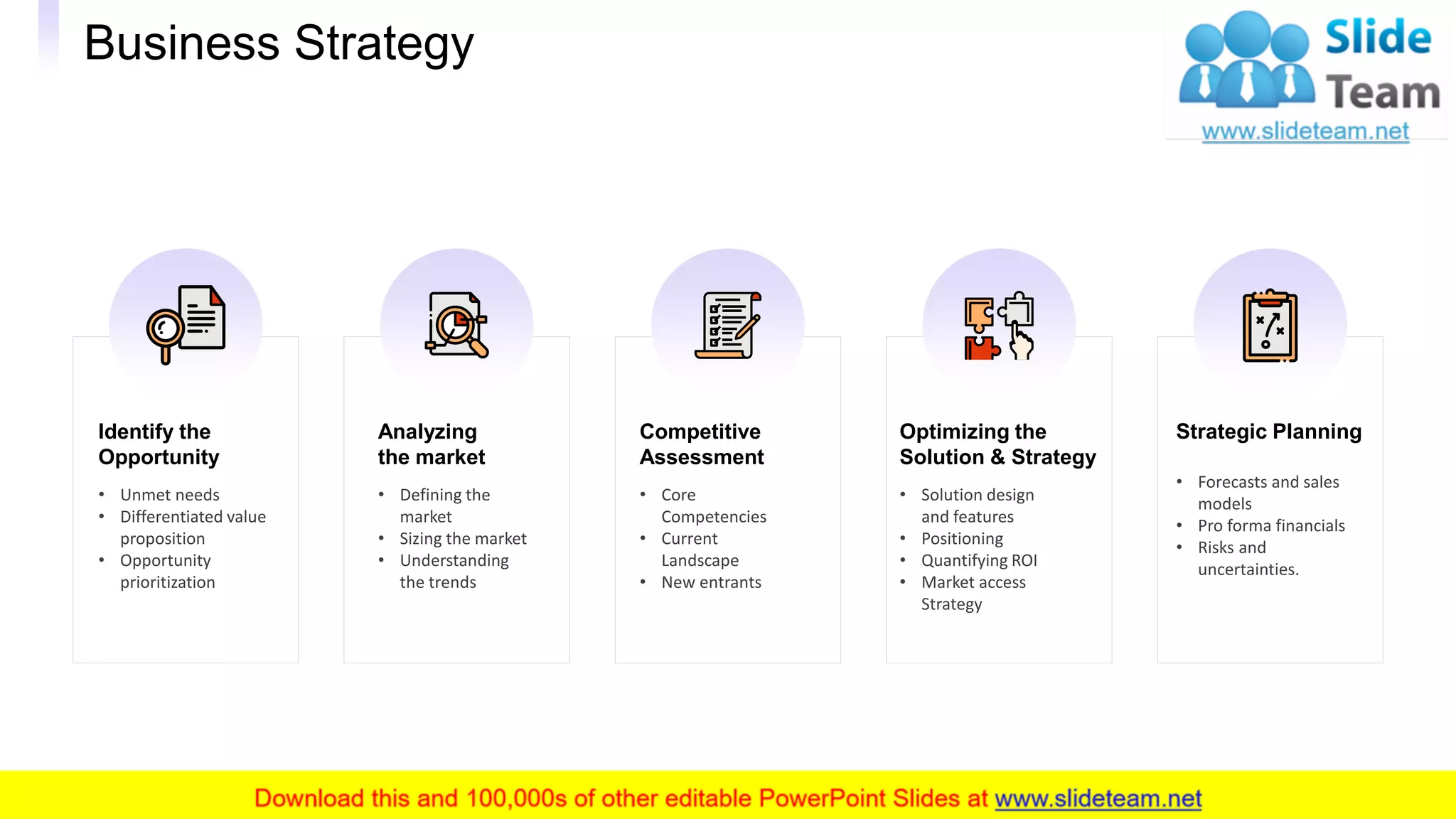 Business Strategy
5
Identify the
Opportunity
• Unmet needs
• Differentiated value
proposition
• Opportunity
prioritization
Competitive
Assessment
• Core
Competencies
• Current
Landscape
• New entrants
Optimizing the
Solution & Strategy
• Solution design
and features
• Positioning
• Quantifying ROI
• Market access
Strategy
Strategic Planning
• Forecasts and sales
models
• Pro forma financials
• Risks and
uncertainties.
Analyzing
the market
• Defining the
market
• Sizing the market
• Understanding
the trends
This slide is 100% editable. Adapt it to your needs and capture your audience's attention.
 