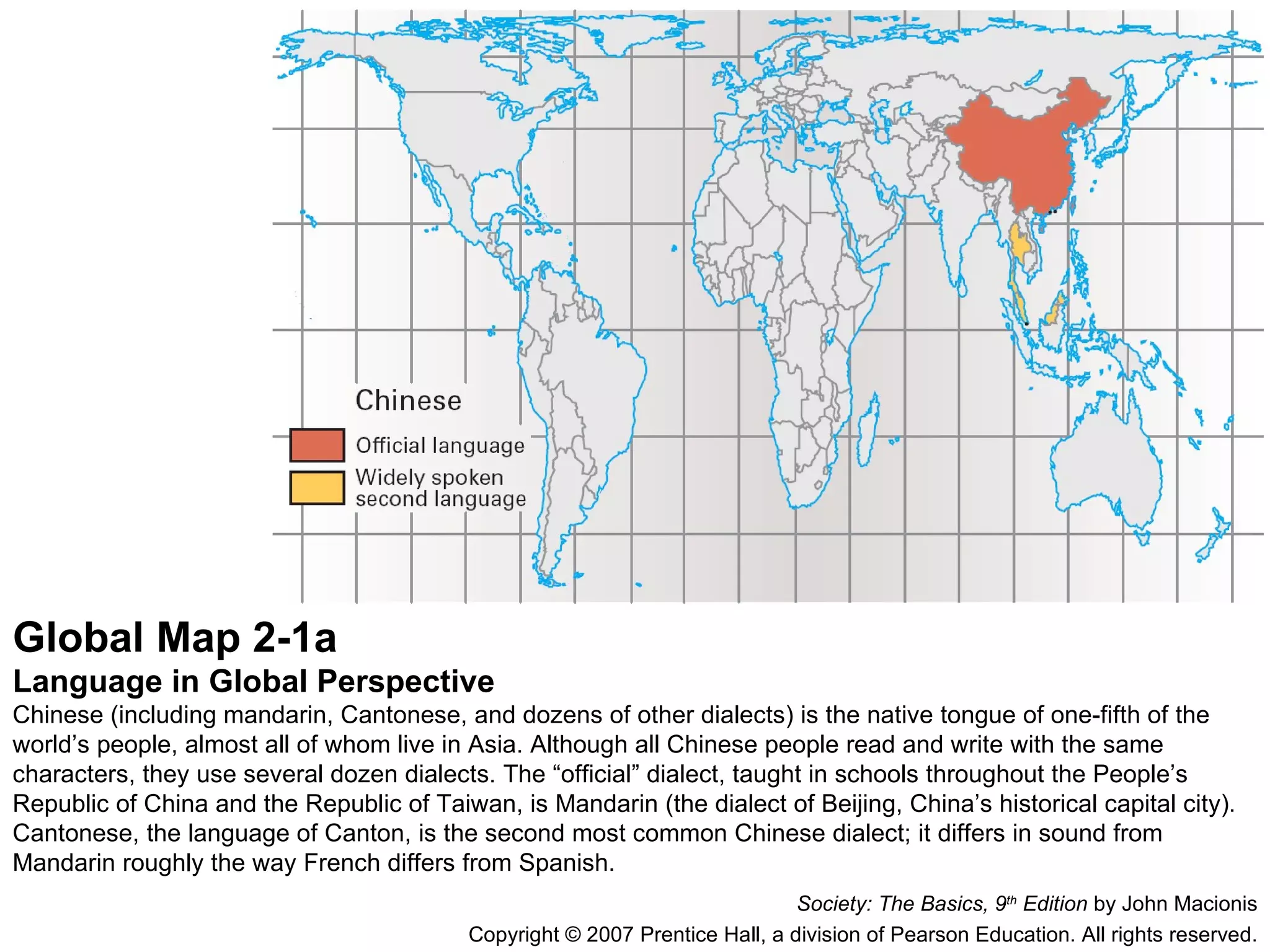 Global Map 2-1a Language in Global Perspective Chinese (including mandarin, Cantonese, and dozens of other dialects) is the native tongue of one-fifth of the world’s people, almost all of whom live in Asia. Although all Chinese people read and write with the same characters, they use several dozen dialects. The “official” dialect, taught in schools throughout the People’s Republic of China and the Republic of Taiwan, is Mandarin (the dialect of Beijing, China’s historical capital city). Cantonese, the language of Canton, is the second most common Chinese dialect; it differs in sound from Mandarin roughly the way French differs from Spanish. Society: The Basics, 9 th  Edition  by John Macionis Copyright © 2007 Prentice Hall, a division of Pearson Education. All rights reserved. 