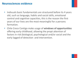 Neurosciences evidence
• Indivuals basic fundamentals are stractured before its 4 years
old, such as language, habits and social skills, emotional
control and cognitive capacities, this is the reason the first
years of our lives are the most meaningful for a persons
formation.
• Chile Crece Contigo make usage of windows of opportunities
offering early childhood, allowing the propt attention of
factors in risk (biological, psychological and/or social and the
early lagged of detection and intervention.
 