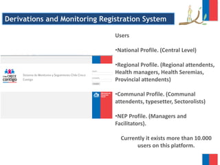 Users
•National Profile. (Central Level)
•Regional Profile. (Regional attendents,
Health managers, Health Seremias,
Provincial attendents)
•Communal Profile. (Communal
attendents, typesetter, Sectorolists)
•NEP Profile. (Managers and
Facilitators).
Currently it exists more than 10.000
users on this platform.
Derivations and Monitoring Registration System
 