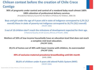 4Government of Chile| Ministry of Social Development
Chilean context before the creation of Chile Crece
Contigo
90% of pregnants under control and control of a newbord baby reach almost 100%
100% attention of professional delivery services
(Presidential Advisory Council for the Reform of Policies for Children, 2006:19)
3 out of 10 children don’t reach the milestone of development expected for their age.
(II National Quality of Life Survery, Ministy of Health, 2006)
80,6% of children under 4 years old attend Public System (NHF)
(PACRP 2006)
Boys and girl under the age of 4 years old in state of indigence correspond to 5,2% (3,2
overall) those in state of poverty not indigence correspond to 16,7% (10,5 overall)
(PACRP 2006)
39,1% of homes out of 40% with lower income with children, its overcrowded
(PACRP 2006)
49% of exclusive maternal prevalence breastfeeding until 6th month
(SHID, 2006)
Mothers of 50% of low-income households have an education level that does not reach
a complete mid-level education.
(PACRP 2006)
 
