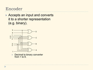Encoder
 Accepts an input and converts
it to a shorter representation
(e.g. binary).
 Decimal to binary converter
from 1 to 9.
 