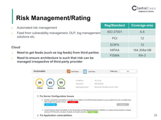 Risk Management/Rating
21
 Automated risk management
 Feed from vulnerability management, DLP, log management
solutions etc.
Cloud
 Need to get feeds (such as log feeds) from third parties
 Need to ensure architecture is such that risk can be
managed irrespective of third party provider
Reg/Standard Coverage area
ISO 27001 A.6
PCI 12
EI3PA 12
HIPAA 164.308a1iiB
FISMA RA-3
 