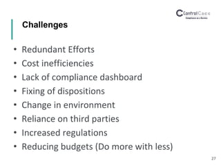 #ALLMYDATA
27
#ALLMYDATA
• Redundant Efforts
• Cost inefficiencies
• Lack of compliance dashboard
• Fixing of dispositions
• Change in environment
• Reliance on third parties
• Increased regulations
• Reducing budgets (Do more with less)
Challenges
 