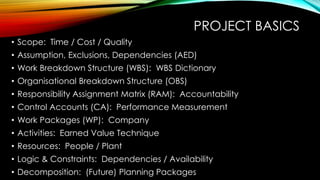 PROJECT BASICS
• Scope: Time / Cost / Quality
• Assumption, Exclusions, Dependencies (AED)
• Work Breakdown Structure (WBS): WBS Dictionary
• Organisational Breakdown Structure (OBS)
• Responsibility Assignment Matrix (RAM): Accountability
• Control Accounts (CA): Performance Measurement
• Work Packages (WP): Company
• Activities: Earned Value Technique
• Resources: People / Plant
• Logic & Constraints: Dependencies / Availability
• Decomposition: (Future) Planning Packages
 