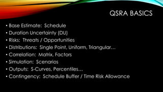 QSRA BASICS
• Base Estimate: Schedule
• Duration Uncertainty (DU)
• Risks: Threats / Opportunities
• Distributions: Single Point, Uniform, Triangular…
• Correlation: Matrix, Factors
• Simulation: Scenarios
• Outputs: S-Curves, Percentiles…
• Contingency: Schedule Buffer / Time Risk Allowance
 