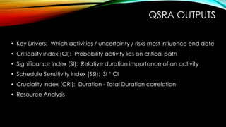 • Key Drivers: Which activities / uncertainty / risks most influence end date
• Criticality Index (CI): Probability activity lies on critical path
• Significance Index (SI): Relative duration importance of an activity
• Schedule Sensitivity Index (SSI): SI * CI
• Cruciality Index (CRI): Duration - Total Duration correlation
• Resource Analysis
QSRA OUTPUTS
 