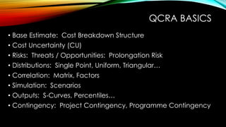 QCRA BASICS
• Base Estimate: Cost Breakdown Structure
• Cost Uncertainty (CU)
• Risks: Threats / Opportunities: Prolongation Risk
• Distributions: Single Point, Uniform, Triangular…
• Correlation: Matrix, Factors
• Simulation: Scenarios
• Outputs: S-Curves, Percentiles…
• Contingency: Project Contingency, Programme Contingency
 