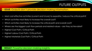 FUTURE OUTPUTS
• ISSUE: Outputs don’t provide decision making information.
• RESULT: Powerful decision making insights.
• Most cost-effective activities (current and future) to expedite / reduce the critical path?
• Which activities most likely to increase the overall cost?
• Which activities most likely to increase the critical path and overall cost?
• Where are the biggest cash flow periods and related values – are they achievable?
• Highest Cost Path / Critical Path
• Highest Labour Cost Path / Critical Path
• Highest Materials Cost Path / Critical Path
 