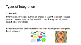 2. Vertical:
Information in various curricular phases is taught together, focused
around key concepts or themes which run throughout all years-
revisiting of knowledge
Early introduction of clinical skills and their development alongside
basic sciences
Types of integration
 